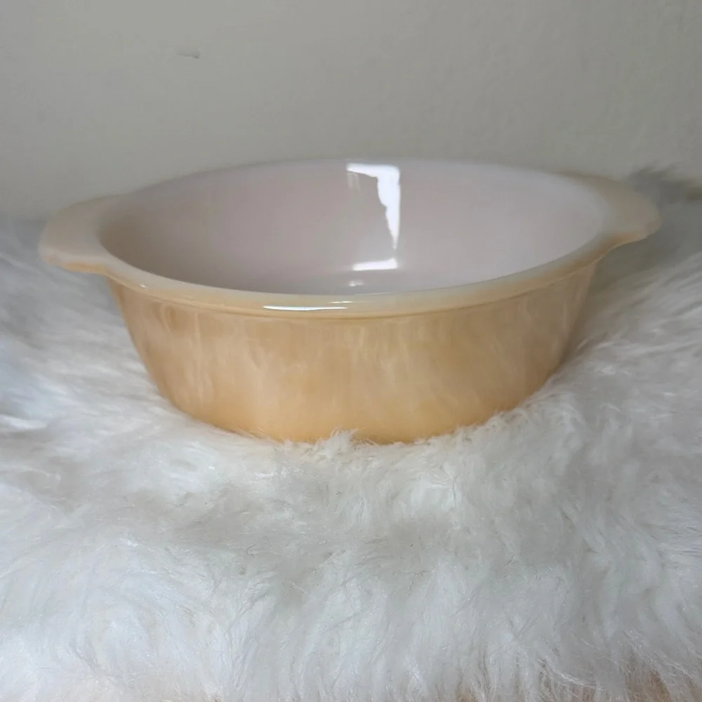 Vintage Anchor Hocking Fire King Ovenware Peach Lustre Casserole.